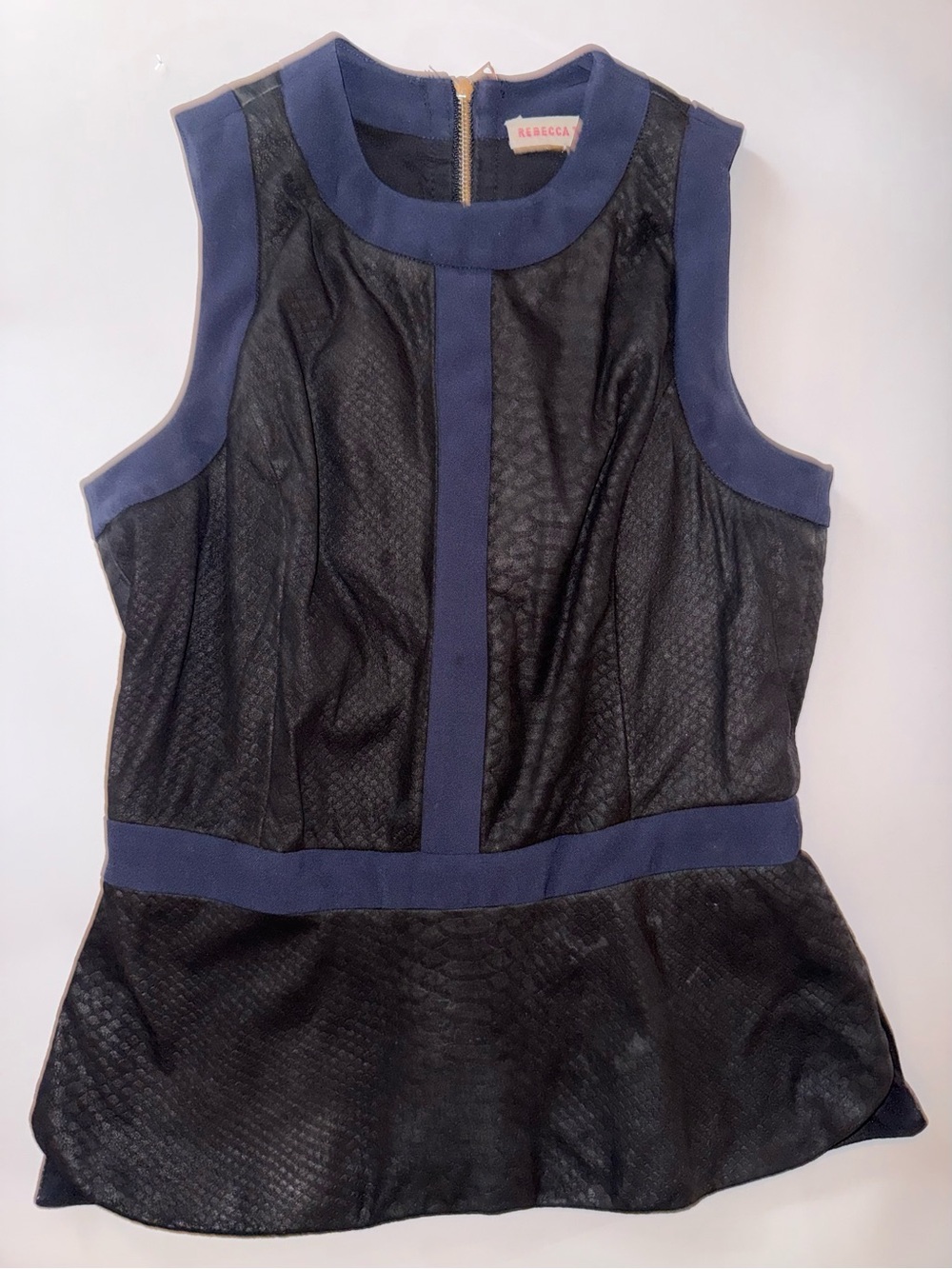 Rebecca Taylor Navy/Black Paneled Snakeskin-Texture Sleeveless Peplum Top  SZ-0